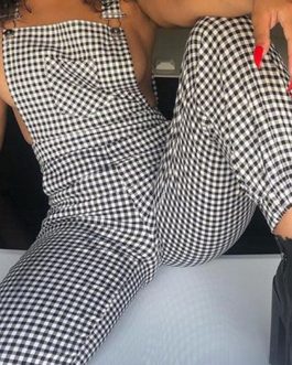 Denim Loose Plaid Strap Jumpsuit