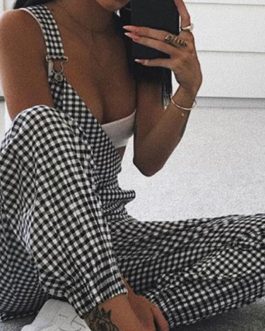 Denim Loose Plaid Strap Jumpsuit