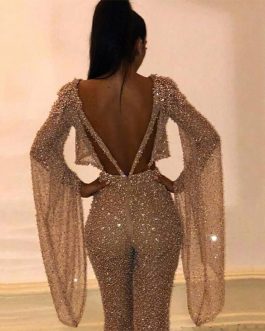 Sequins Bat Wing Sleeve Night-Club Jumpsuit