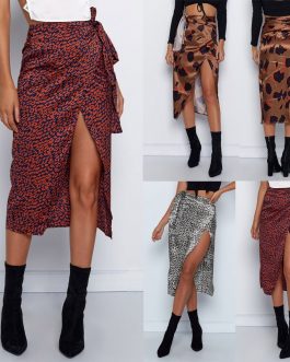 Leopard Printing Wrap Bow Split Skirt