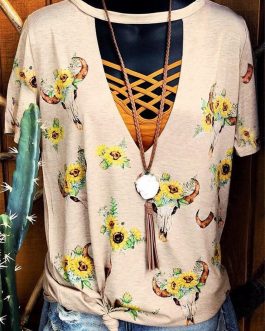 Flowers Print T shirt Hollow Out