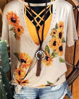 Flowers Print T shirt Hollow Out
