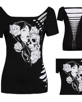 Burning Flowers Hollow Skull Head T-shirts