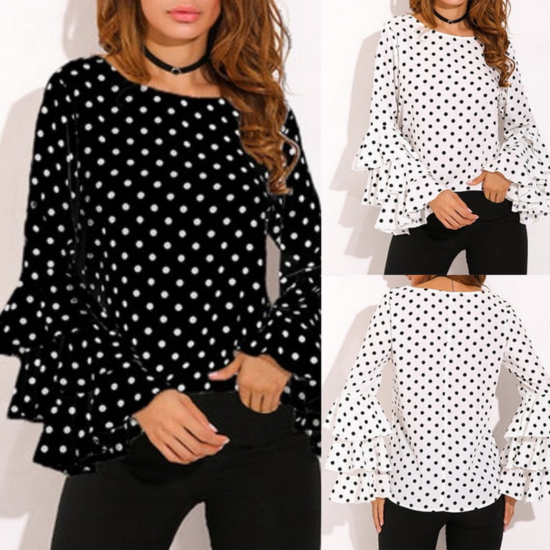 Dot Print Flare Sleeve Shirts