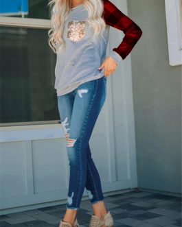 Sequined Pocket Plaid Sleeves Sweatshirt
