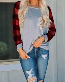 Sequined Pocket Plaid Sleeves Sweatshirt