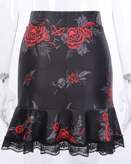Rose Floral Skull Punk Style Skirt