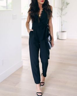 V Neck Lace Up Jumpsuit