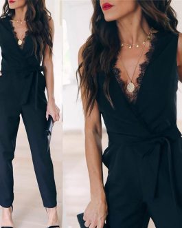 V Neck Lace Up Jumpsuit