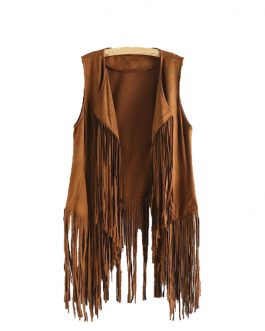 Suede Ethnic Sleeveless Tassels Jacket