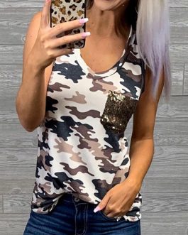 Camouflage Printed Sequined Pocket Top