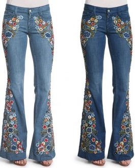 Embroidery Flowers Flare Jeans