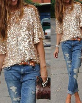 Sequined Bling Fashion Middle Sleeve Top