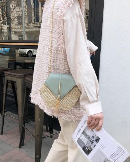 Hexagon Style Straw & Leather Handbag
