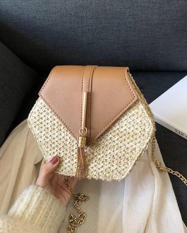 Hexagon Style Straw & Leather Handbag